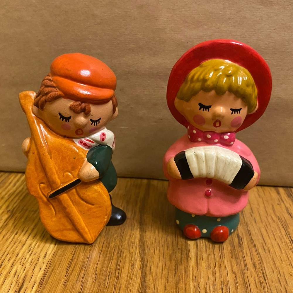 Vintage Small Boy With Cello And Girl With Accordion Ceramic Caroler Figurines.